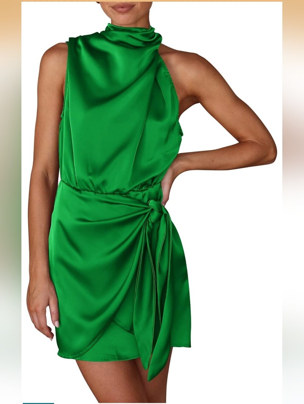 Green Satin High-Neck Tie-Waist Mini Dress